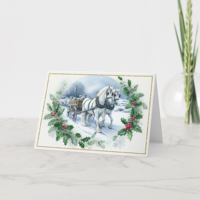Cartes Pour Fêtes Annuelles Beautiful White Draft Horses Pulling Wagon (Devant)
