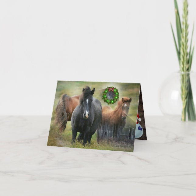 Cartes Pour Fêtes Annuelles Beaux Chevaux et Rustic Grotte Noël (Devant)