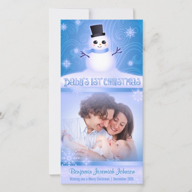 Cartes Pour Fêtes Annuelles Bébé 1er Noël mignon Snowman Bleu (Devant)