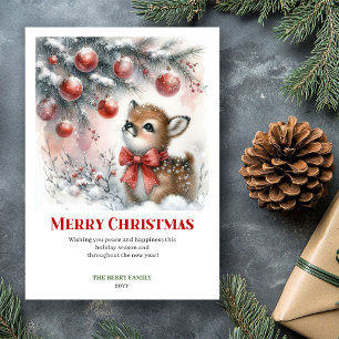 Cartes Pour Fêtes Annuelles Bébé cerf élégant Forêt enneigée Aquarelle Noël