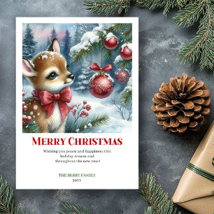 Cartes Pour Fêtes Annuelles Bébé faon festif forêt enneigée aquarelle Noël
