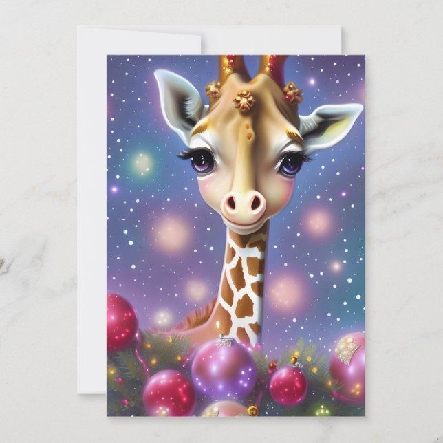 Cartes Pour Fêtes Annuelles Bébé girafe adorable avec houx et paillettes (Devant)