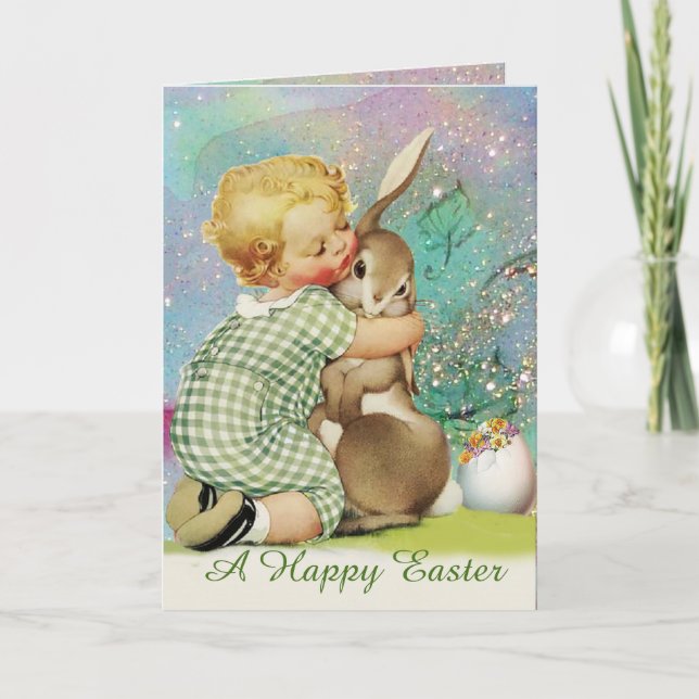 CARTES POUR FÊTES ANNUELLES BÉBÉ HUGGING BUNNY DE PÂQUES EN PARKLES BLEUS (Devant)