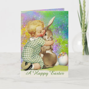 CARTES POUR FÊTES ANNUELLES BÉBÉ HUGGING BUNNY DE PÂQUES EN PURPLE ÉCLAIRAGE V