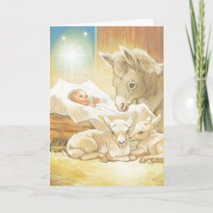 Cartes Pour Fêtes Annuelles Bébé Jésus Nativité avec agneaux et âne