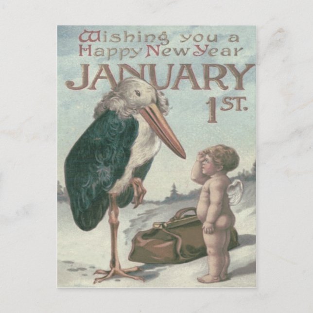 Cartes Pour Fêtes Annuelles Bébé Nouvel An Chérubin Ange Cigogne (Devant)