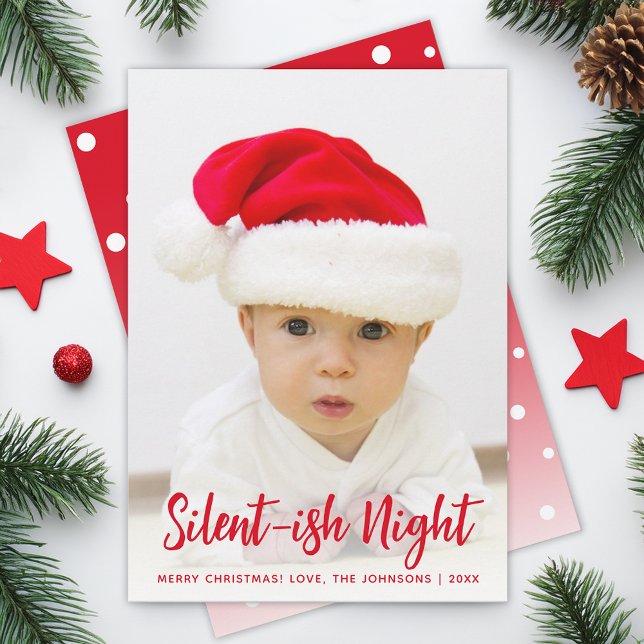 Cartes Pour Fêtes Annuelles Bébé Photo Silent-ish Night Rouge Drôle Noël (Créateur téléchargé)