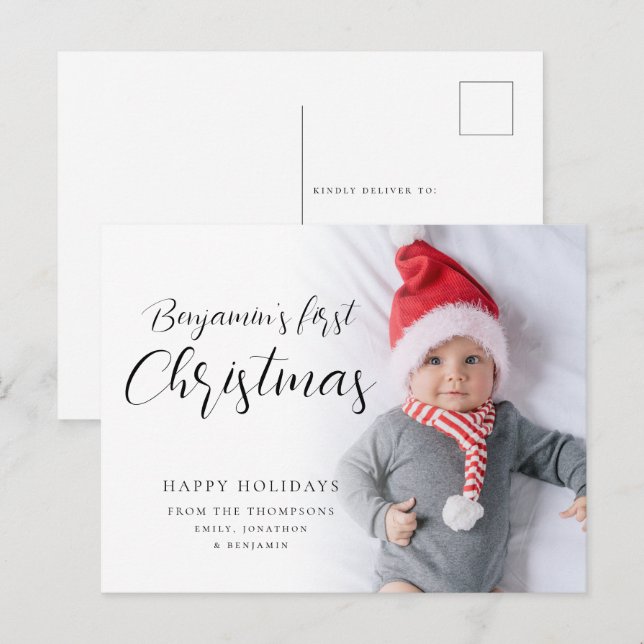 Cartes Pour Fêtes Annuelles Bébé première calligraphie de Noël Hol photo perso (Devant / Derrière)