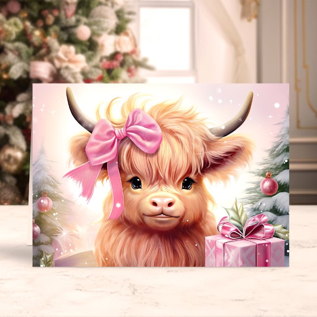 Cartes Pour Fêtes Annuelles Bébé Vache Highland avec Bow rose Noël (Créateur téléchargé)