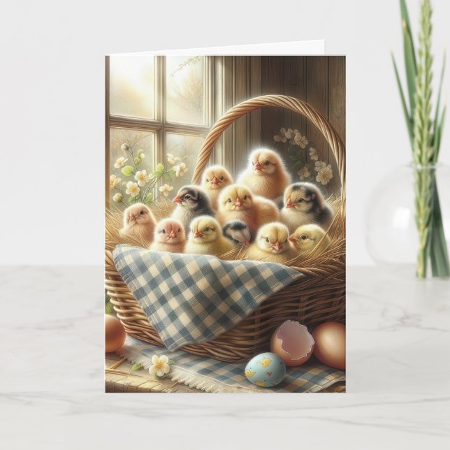 Cartes Pour Fêtes Annuelles Bébés de Pâques dans le panier en osier (Devant)