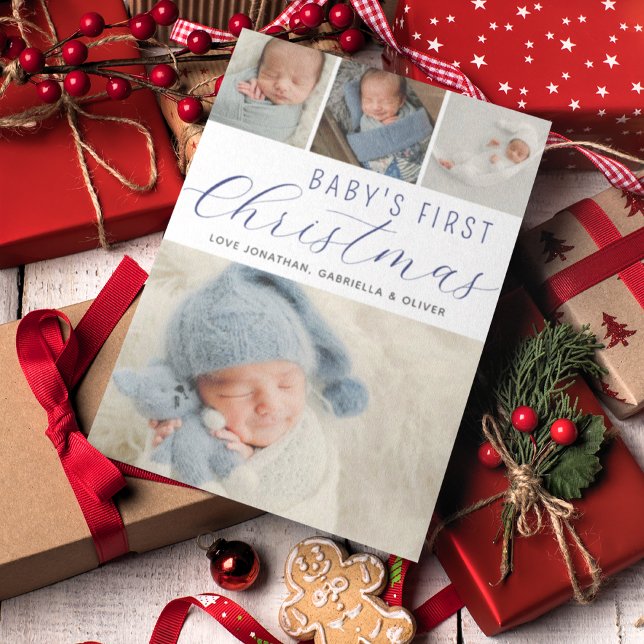 Cartes Pour Fêtes Annuelles Bébés First Christmas Photo Collage Bleu (Créateur téléchargé)
