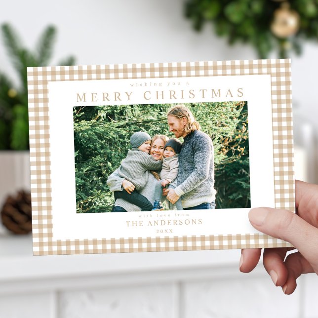 Cartes Pour Fêtes Annuelles Beige En vichy photo de Noël (Créateur téléchargé)