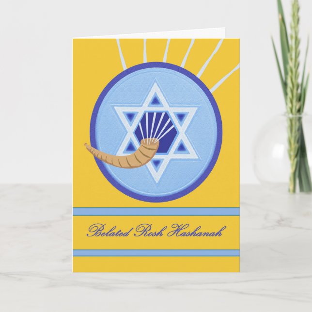Cartes Pour Fêtes Annuelles Belated Rosh Hashanah, Shofar et Magen David (Devant)