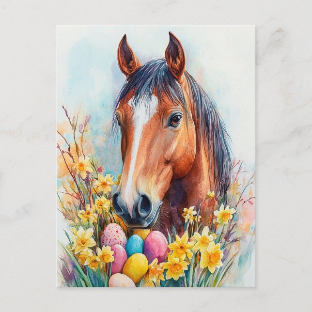 Cartes Pour Fêtes Annuelles Belle Aquarelle Cheval Souhaits de Pâques (Devant)