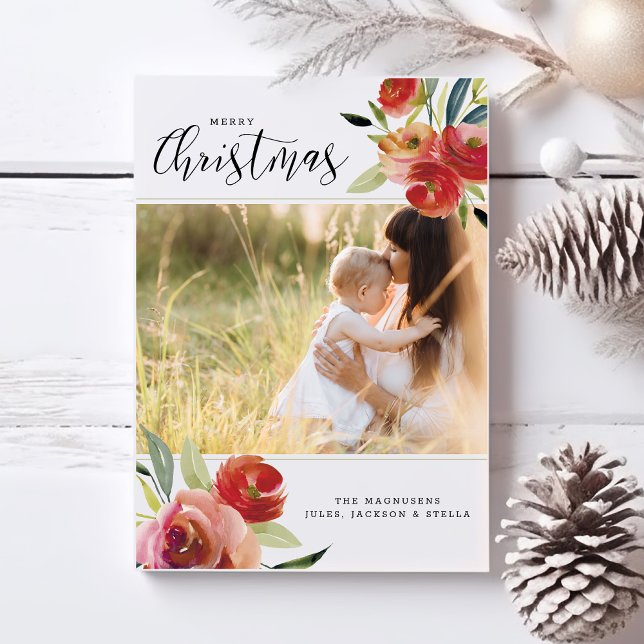 Cartes Pour Fêtes Annuelles Belle aquarelle de Noël Floral 2 Photos (Créateur téléchargé)