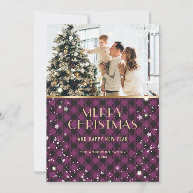 Cartes Pour Fêtes Annuelles Belle Buffle d'or violet Plaid Photo (Devant)
