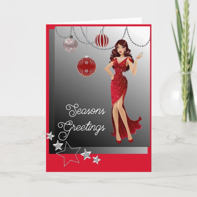Cartes Pour Fêtes Annuelles Belle Fille Rouge Soirée Gown Dangling Ornements (Devant)
