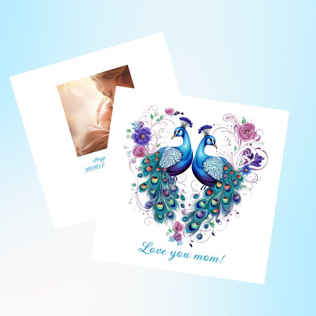 Cartes Pour Fêtes Annuelles Belle paire florale de Peacocks Aimez Maman (Créateur téléchargé)