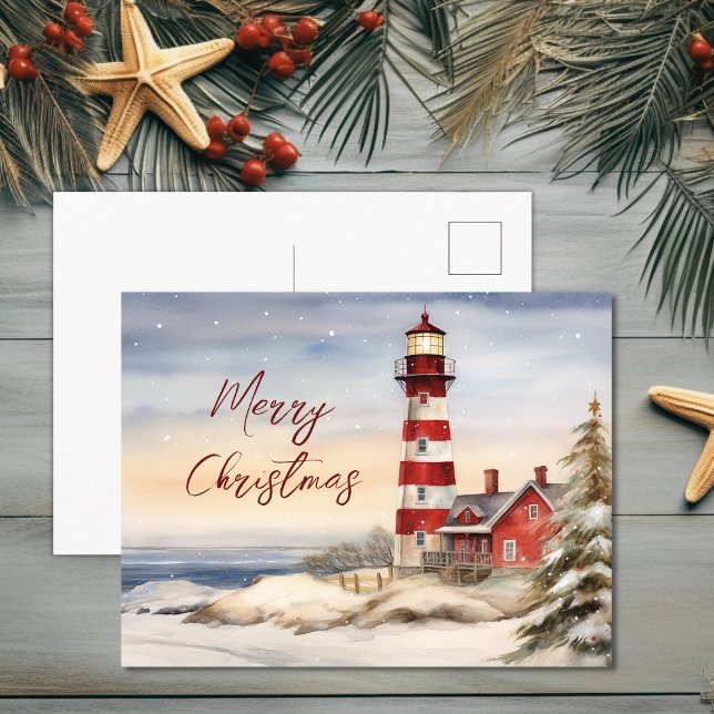 Cartes Pour Fêtes Annuelles Belle scène du phare d'hiver Joyeux Noël (Beautiful Winter Lighthouse Scene Merry Christmas Holiday Postcard)