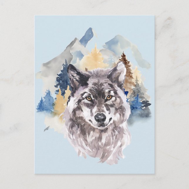 Cartes Pour Fêtes Annuelles Belle Tête de Loup Aquarelle Forêt (Devant)