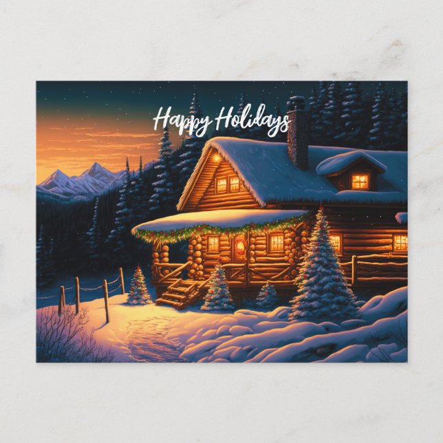 Cartes Pour Fêtes Annuelles Belles lumières de Noël Log Cabine Mountain neige (Devant)