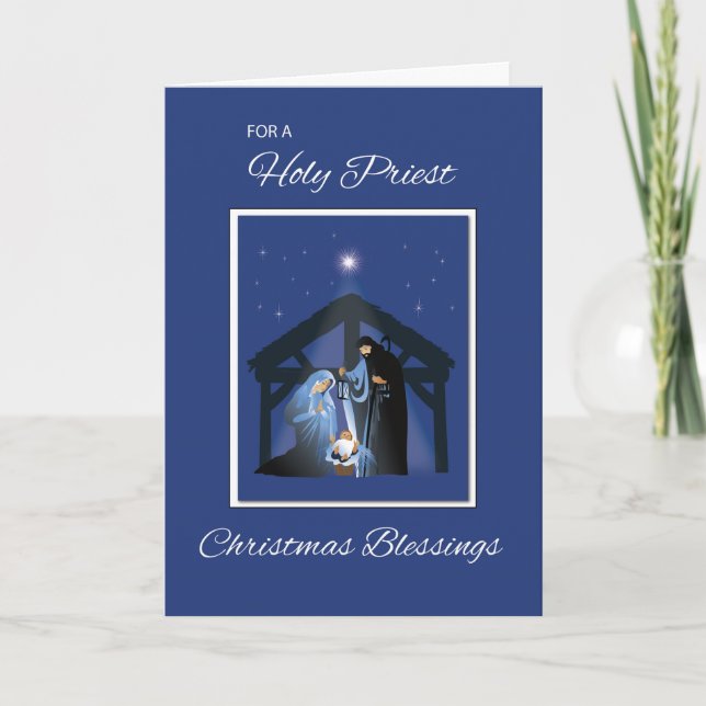 Cartes Pour Fêtes Annuelles Bénédiction de Noël du prêtre, crèche en bleu (Devant)