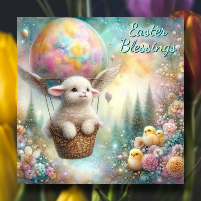 Cartes Pour Fêtes Annuelles Bénédiction de Pâques Agneau mignon Chicks Hot Air (Créateur téléchargé)
