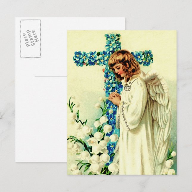 Cartes Pour Fêtes Annuelles Bénédiction de Pâques. Vintage Ange de prière reli (Devant / Derrière)