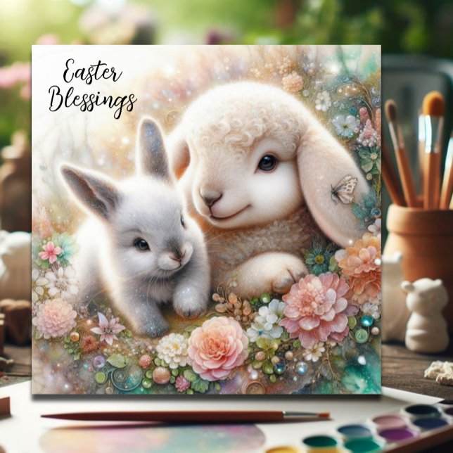 Cartes Pour Fêtes Annuelles Bénédiction Pâques Aquarelle Lapin Et Agneau (Créateur téléchargé)