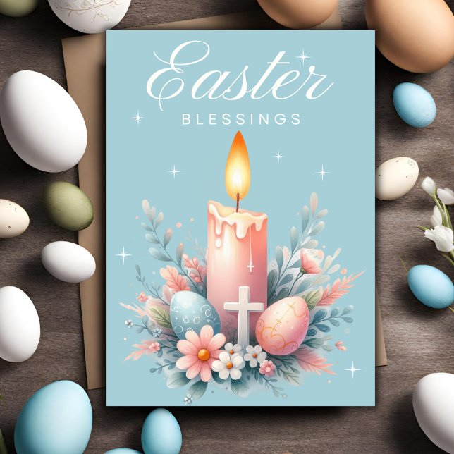 Cartes Pour Fêtes Annuelles Bénédiction Pâques Rose Et Bleu Pâques Pâques Chré (Pink And Blue Easter Blessings Christian Easter Holiday Card)