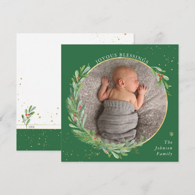 Cartes Pour Fêtes Annuelles Bénédictions Joyeuses Aquarelle Noël Verdure (Devant / Derrière)