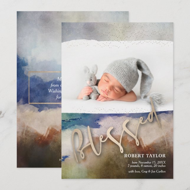 Cartes Pour Fêtes Annuelles BÉNÉFICIER D'Aquarelle Photo Annonces de naissance (Devant / Derrière)