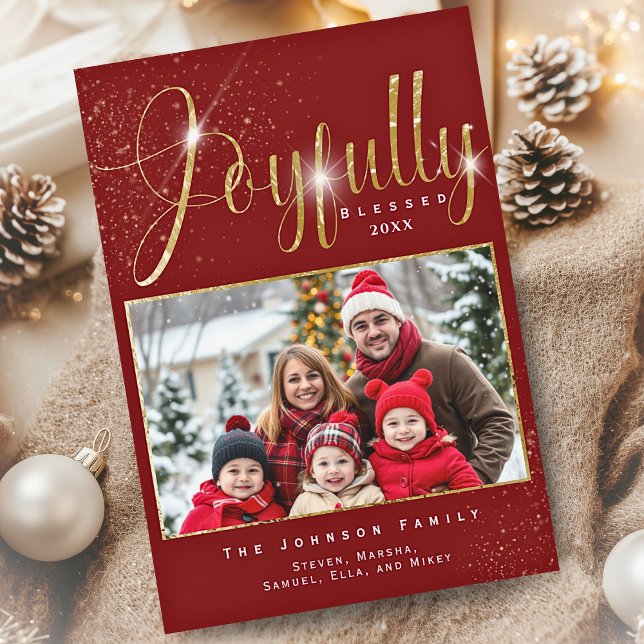 Cartes Pour Fêtes Annuelles Bénie Joyeusement Red Gold Sparkle Photo Famille (Créateur téléchargé)