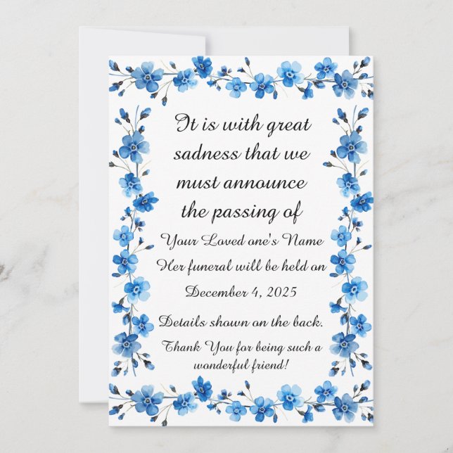 Cartes Pour Fêtes Annuelles Bereavement Funeral Notification of Passing Card (Devant)