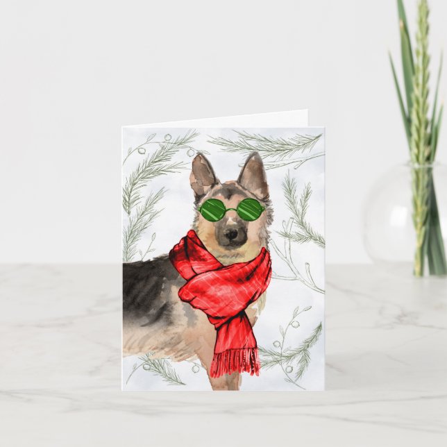 Cartes Pour Fêtes Annuelles Berger allemand et pins botaniques Noël (Devant)