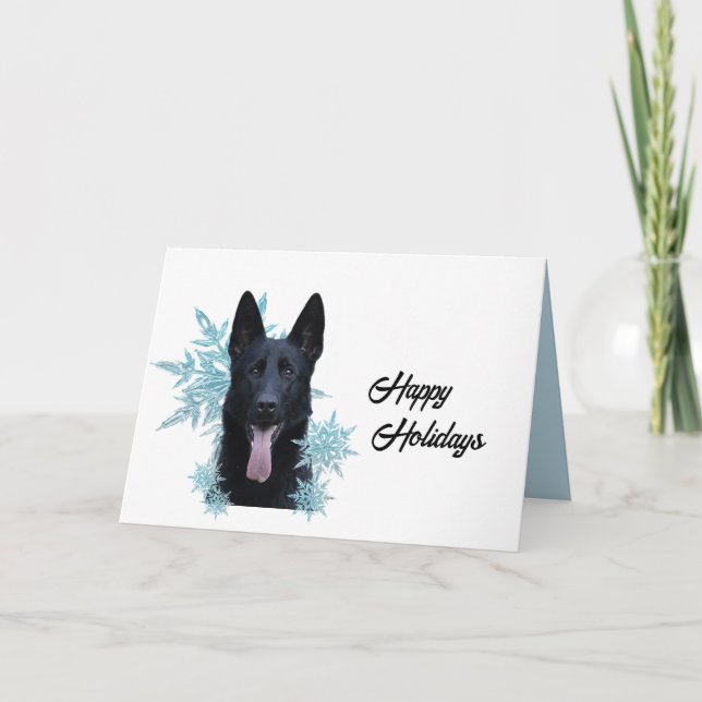 Cartes Pour Fêtes Annuelles Berger noir allemand dans les flocons de neige (Devant)