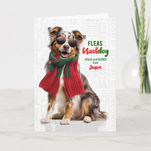 Cartes Pour Fêtes Annuelles Bergers australiens drôles puces Navidog avec nom