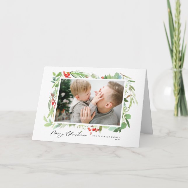 Cartes Pour Fêtes Annuelles Berries et cadre verdoyant Joyeux Noël Photo (Devant)