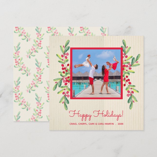 Cartes Pour Fêtes Annuelles Berries et verdure Photo de Noël (Devant / Derrière)