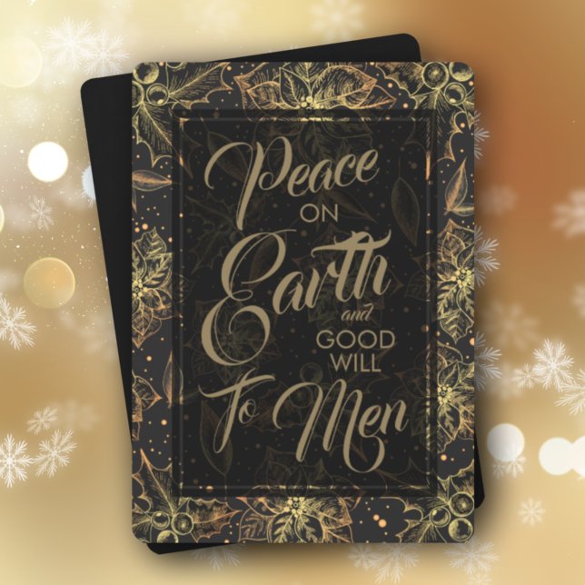 Cartes Pour Fêtes Annuelles Berries Gold Holly sur Noir Noël non photo (Créateur téléchargé)