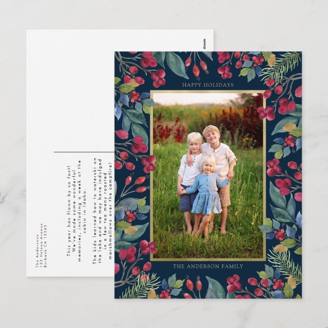 Cartes Pour Fêtes Annuelles Berries Pines Gold Foil Photo Noël (Devant / Derrière)