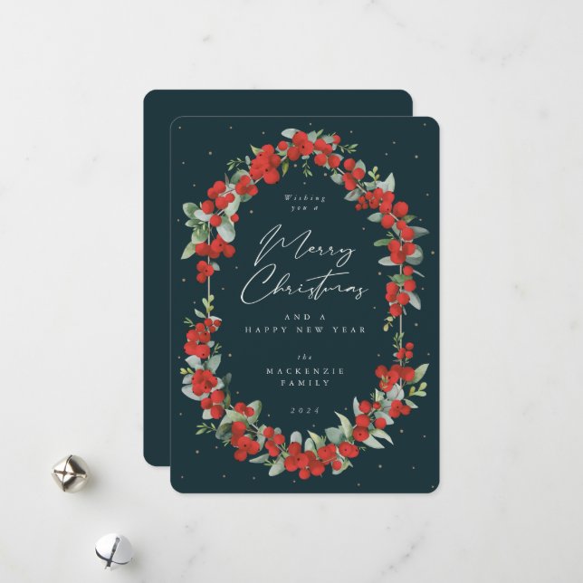 Cartes Pour Fêtes Annuelles Berries rouges + Eucalyptus cadre botanique Noël (Devant/Arrière en situation)