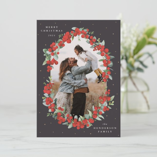 Cartes Pour Fêtes Annuelles Berries rouges noires douces + Eucalyptus Photo de (Debout devant)