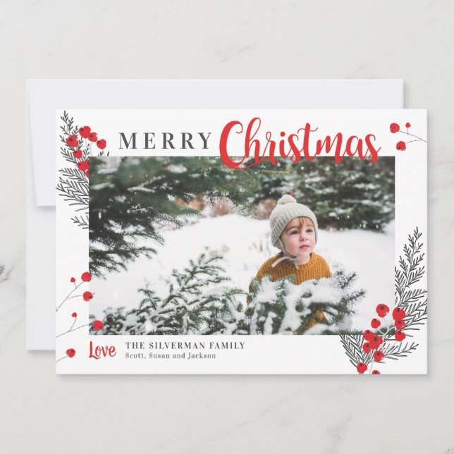 Cartes Pour Fêtes Annuelles Berries rustiques Photo de Noël blanc et rouge (Devant)