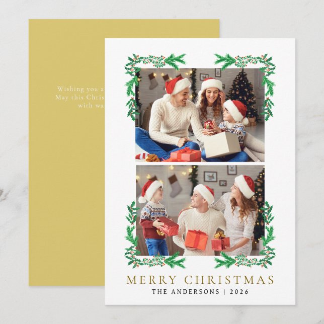 Cartes Pour Fêtes Annuelles Berry Branch Cadre Famille de Noël 2 Photo (Devant / Derrière)