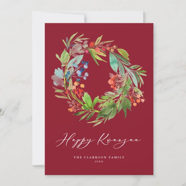 Cartes Pour Fêtes Annuelles Berry d'aquarelle et verdure couronne rouge Kwanza (Devant)