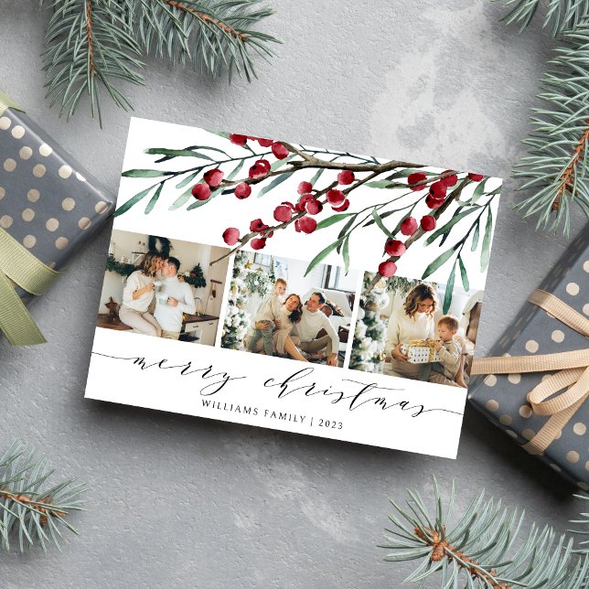 Cartes Pour Fêtes Annuelles Berry d'hiver Script Noël Trois photos (Créateur téléchargé)