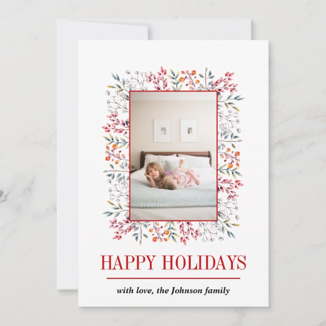 Cartes Pour Fêtes Annuelles Berry, feuille rouge Joyeuses Fêtes de Noël photo (Devant)