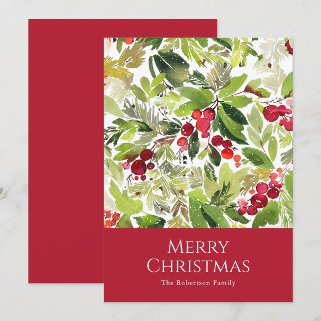 Cartes Pour Fêtes Annuelles Berry Holly Festive et aquarelle À feuillage persi (Devant / Derrière)