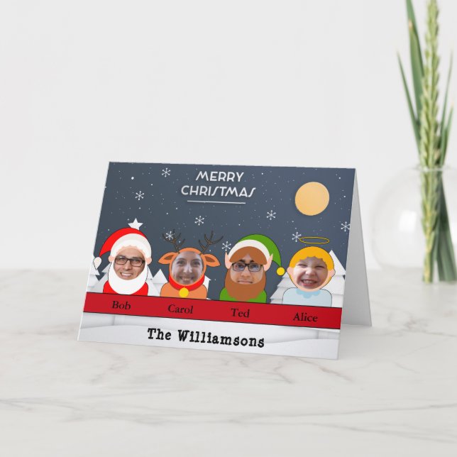 Cartes Pour Fêtes Annuelles Bête. Votre famille en personnages de Noël Photo (Devant)
